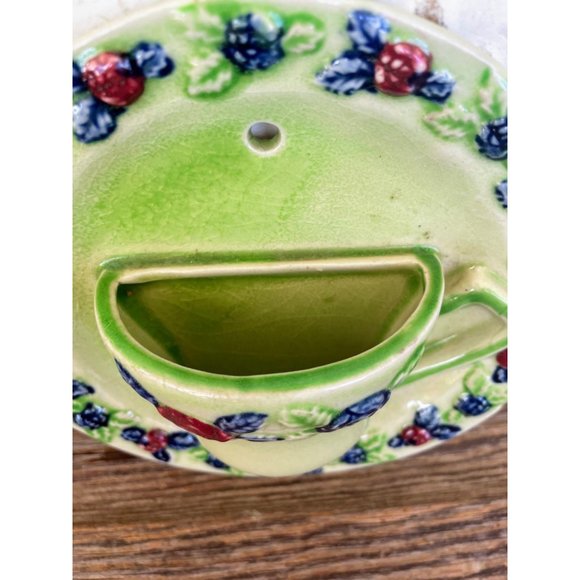 Vintage 1940s Pair Green Teacup Wall Pocket Vases Floral - Picture 2 of 12